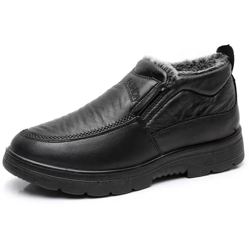 Men's black and brown winter slip-on shoes with a fleece lining and rubber sole.