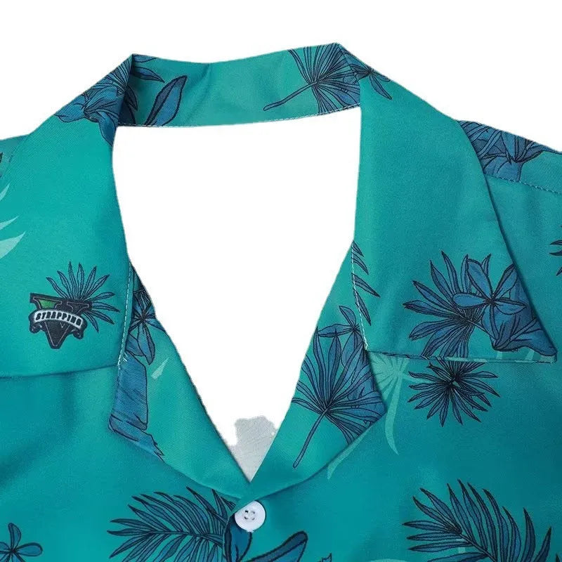 Green summer thin printed shirt for men, loose cardigan style, short sleeves, polyester blend