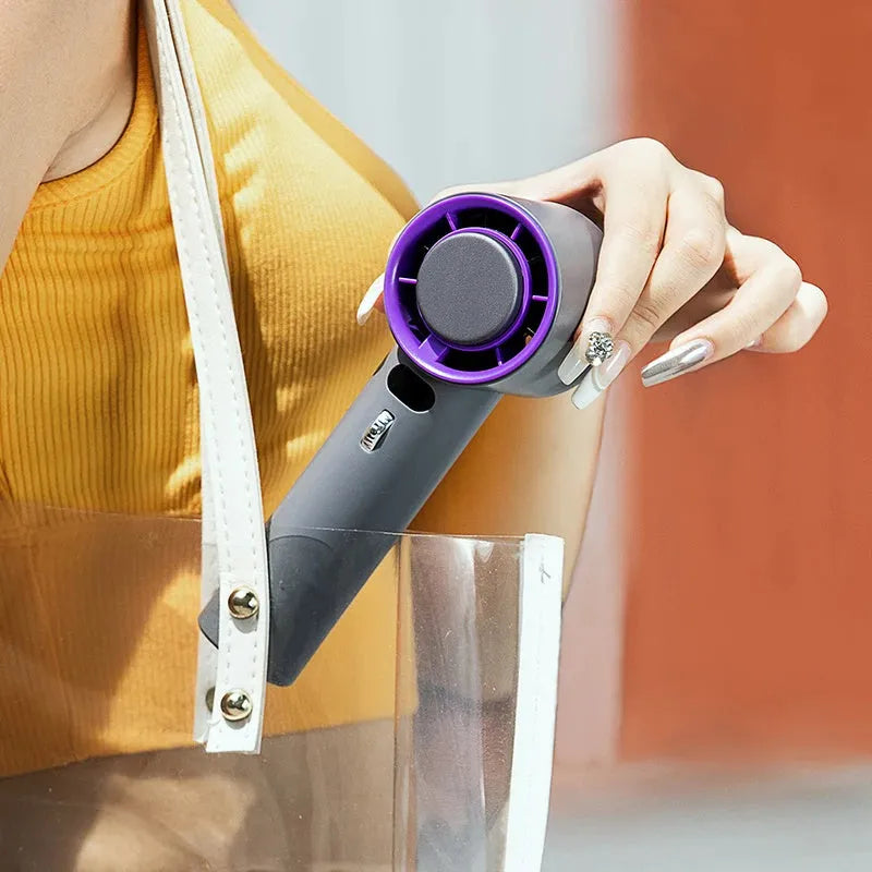 Portable handheld turbo fan with semiconductor cooling, 3000mAh battery, 58x60.5x170mm, in white