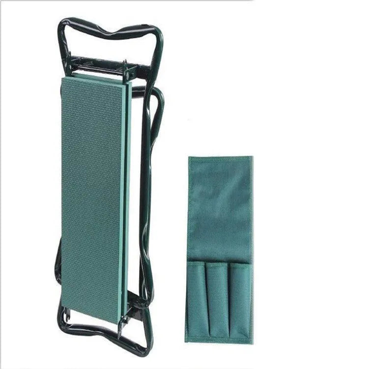 Foldable green garden kneeling bench with metal frame and two side pouches on lawn