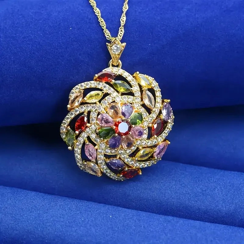 Colour zircon pendant necklace with gold plated copper flower shape and spiral design