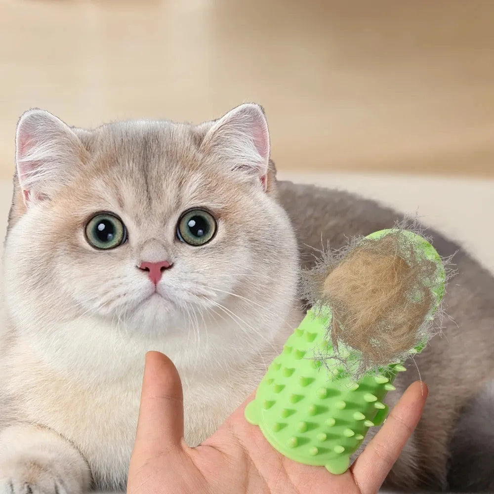 Adjustable silicone cat scratching brush mounted on table leg with rounded comb teeth for grooming