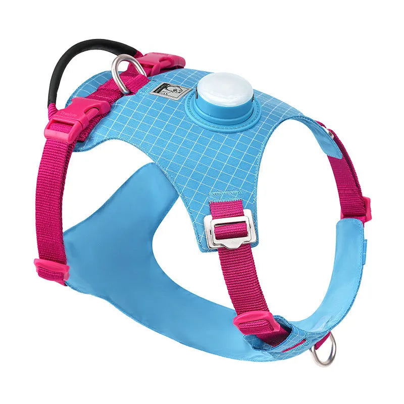 Nylon dog chest harness with LED light and traction handle in multiple colour options