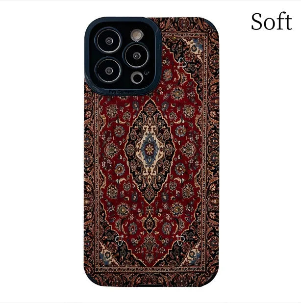 Yellow Persian carpet pattern embossed imitation leather phone case with lanyard for Apple iPhone