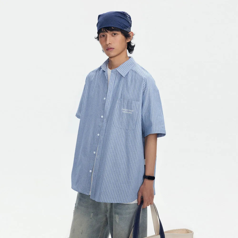 Blue striped short-sleeved overall shirt with loose fit cardigan style