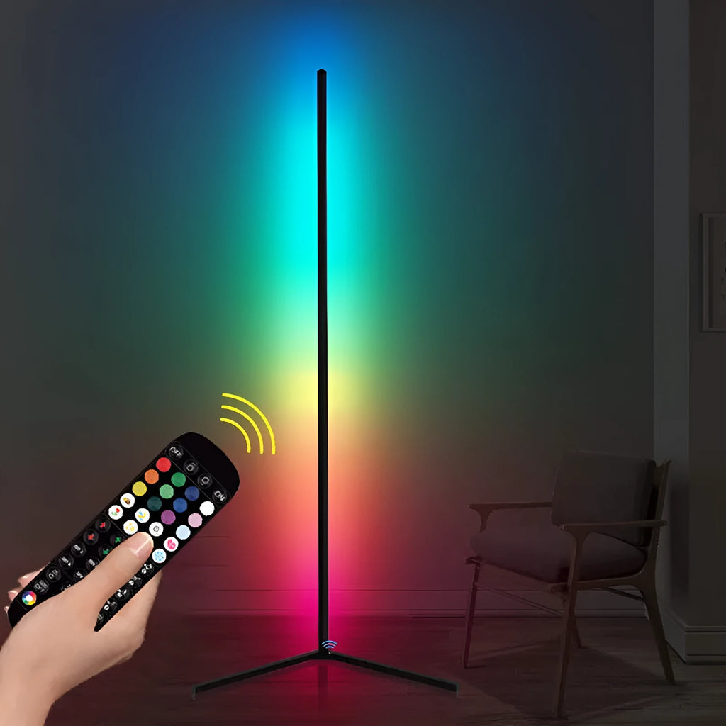 Black smart RGB floor lamp with aluminium alloy body and silicone shade, shown with remote control