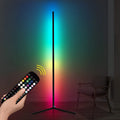 Black smart RGB floor lamp with aluminium alloy body and silicone shade, shown with remote control