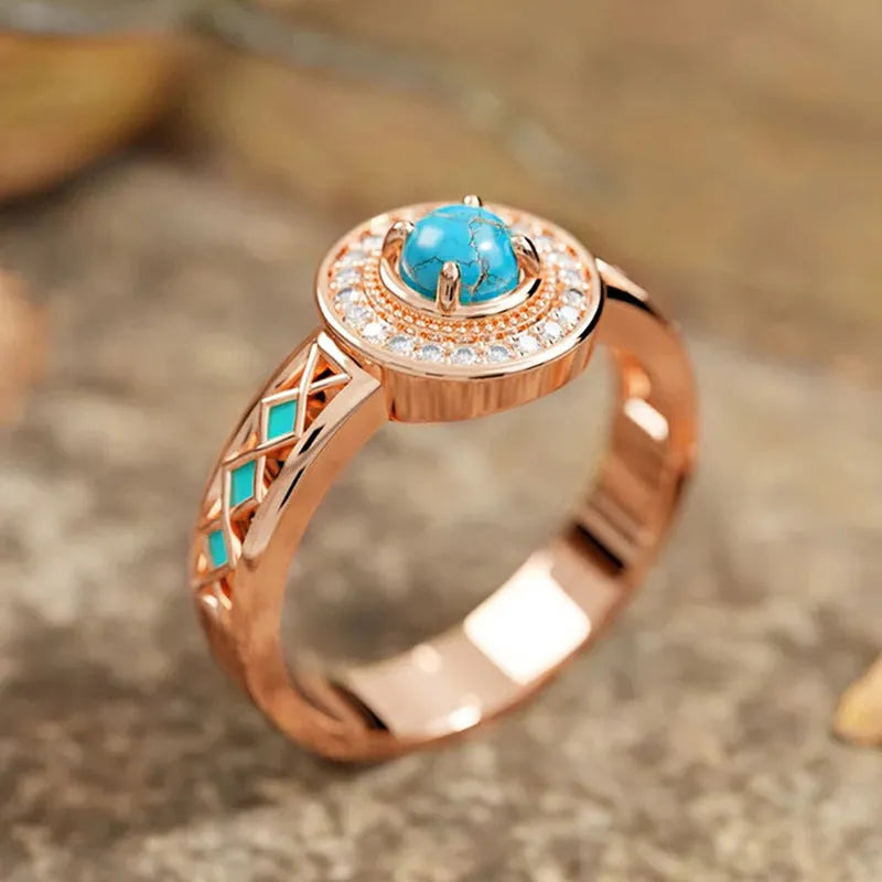 Women's turquoise geometric copper ring with zircon stone inlay in rose gold finish