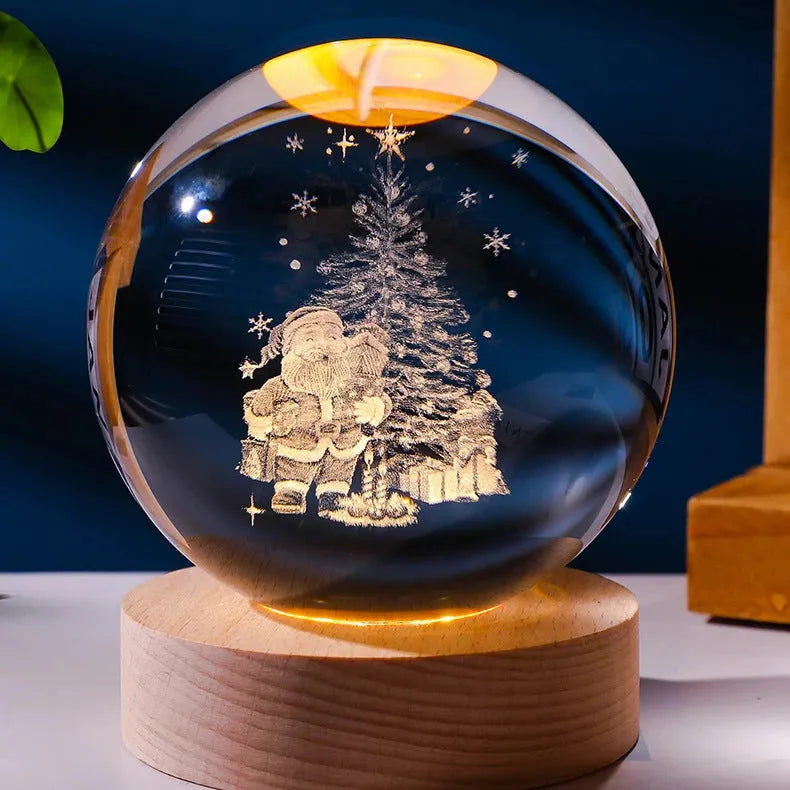 3D crystal ball night lamp with starry sky planets and moon projection on wooden base