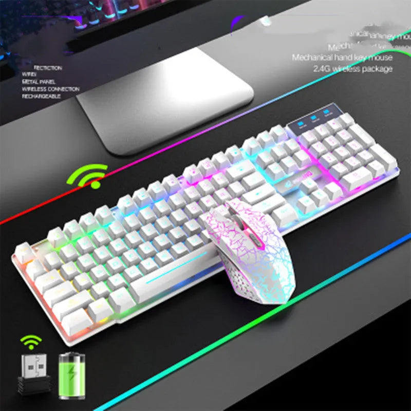 T3 wireless charging keyboard and mouse set in black with rainbow backlight on a desk