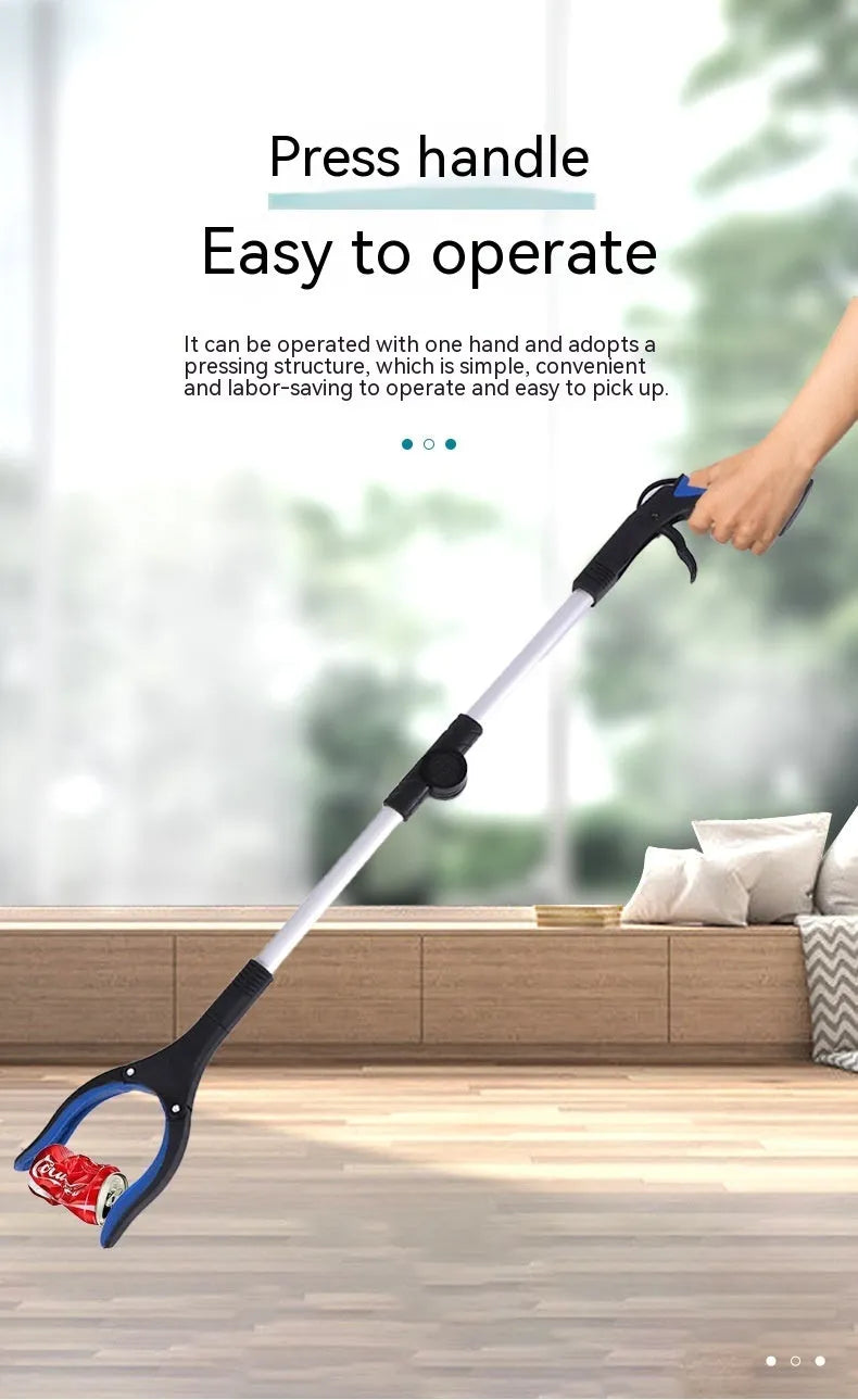 Foldable aluminium litter picker tool with magnet sucker, shown extended and with a blue handle.
