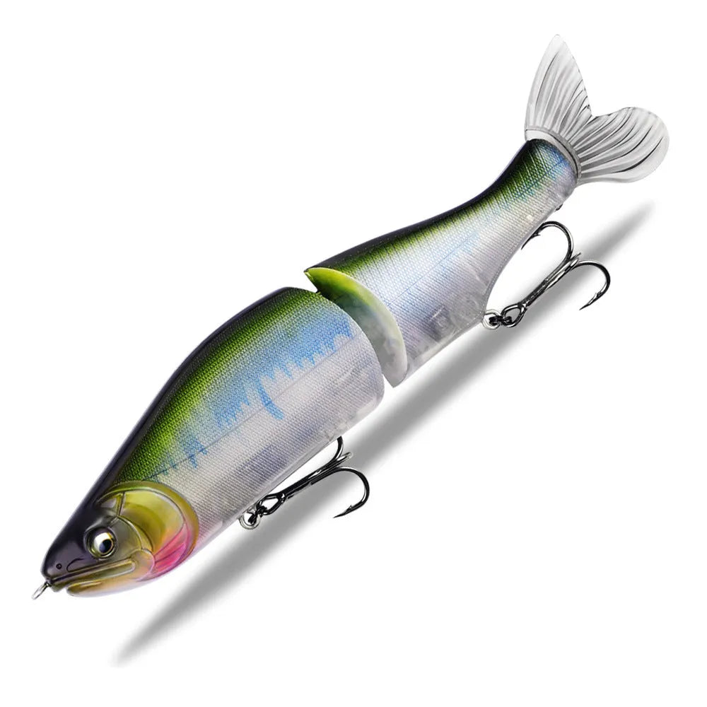 185mm plastic bass fishing swimming bait showing colour options and length measurement
