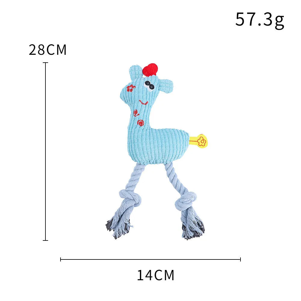 Blue deer shaped plush dog toy with corn grain texture and squeaker sound for pets