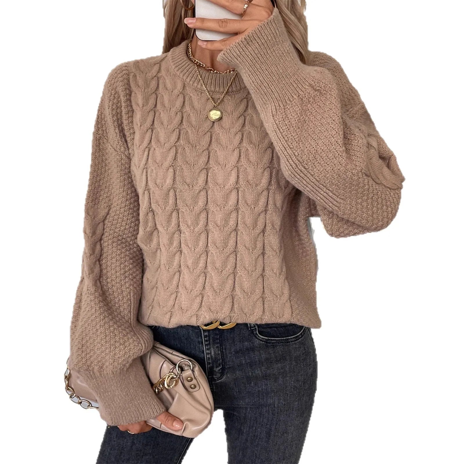 Women's loose casual pullover sweater with twist design in beige colour