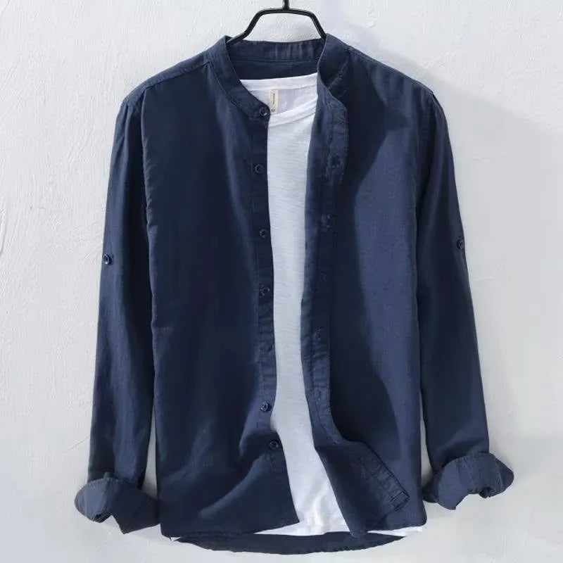Loose fit men's long sleeve cotton linen shirt in solid dark blue, gray, khaki, light blue, and white colours