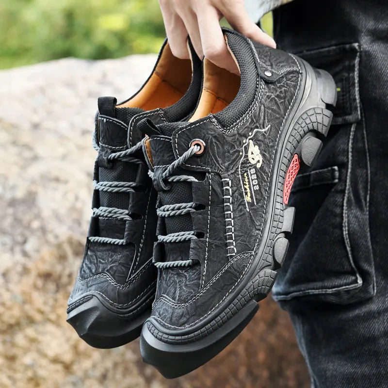 Non-slip hiking shoes with leather upper in dark brown, rubber sole, low heel for outdoor trails