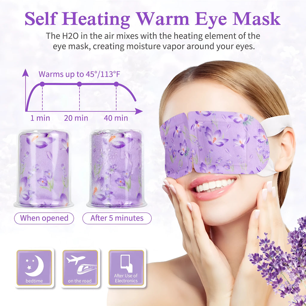 Disposable lavender scented steam eye mask in packaging, 12 pack, non-woven fabric for relaxation.