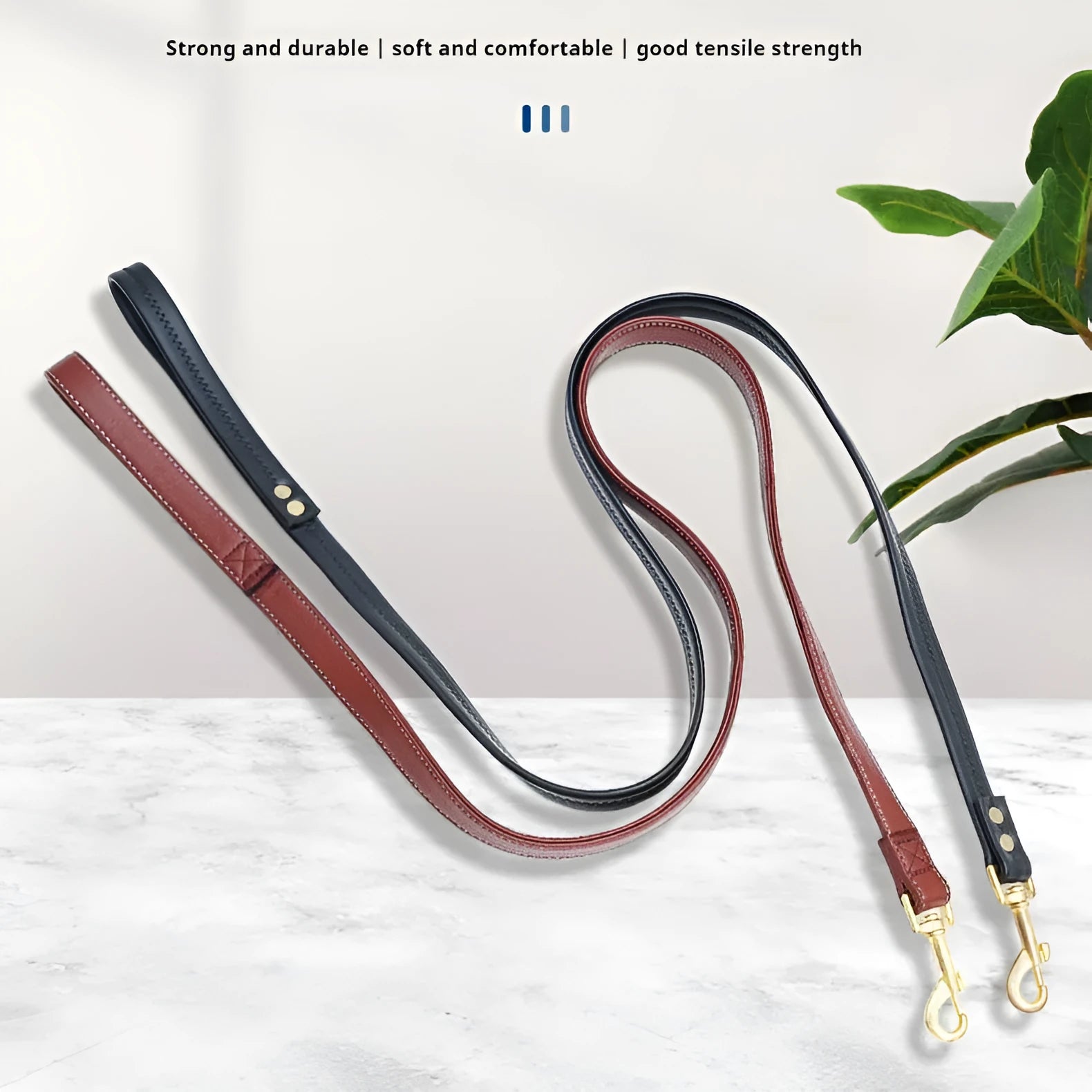 Black PU leather handle dog lead with nylon rope shown at 2.0 metre length