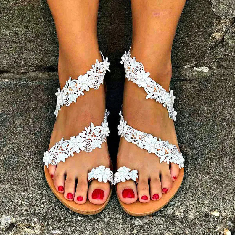 White rhinestone floral plus-size women's flat shoes with low back slip-on design