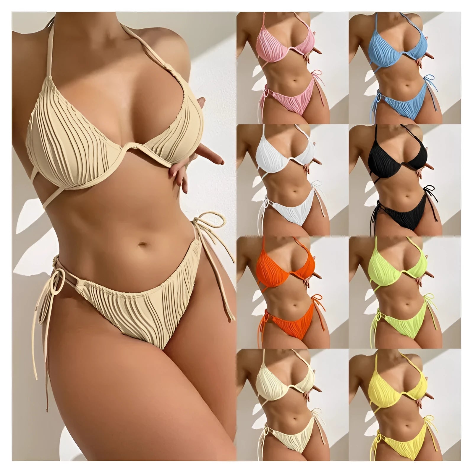 Women's black split bikini with visible steel bracket support on the bottoms.