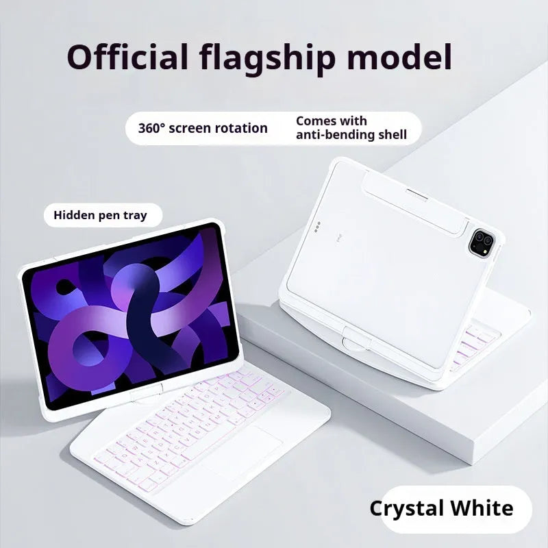Transparent rotating keyboard case for iPad Air 5 tablet in crystal white colour with protective sleeve
