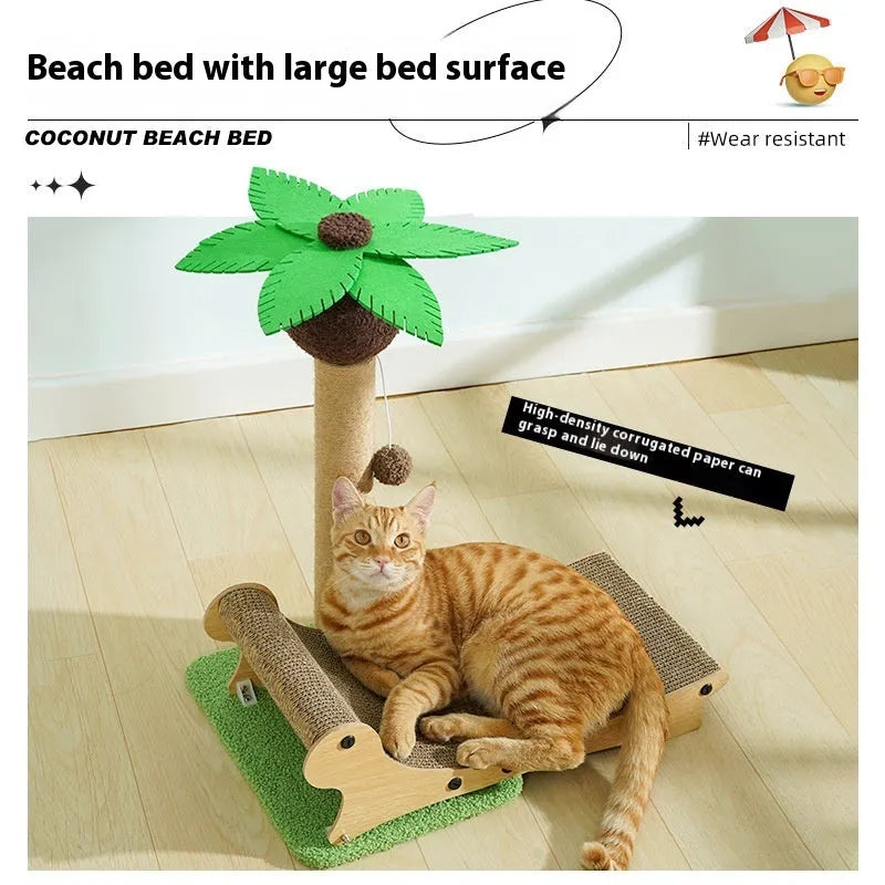 Wooden beach chair style cat climbing frame with chamfered columns and a natural hemp mat base.