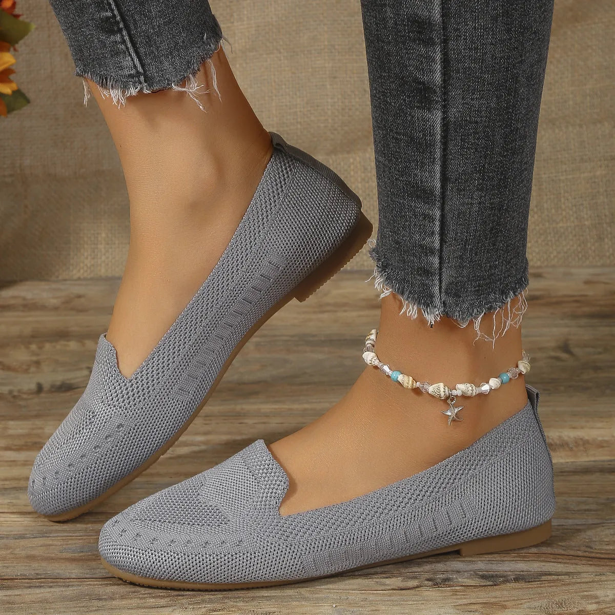 Fly woven mesh low-cut slip-on flat shoes for women in beige, round toe, rubber sole