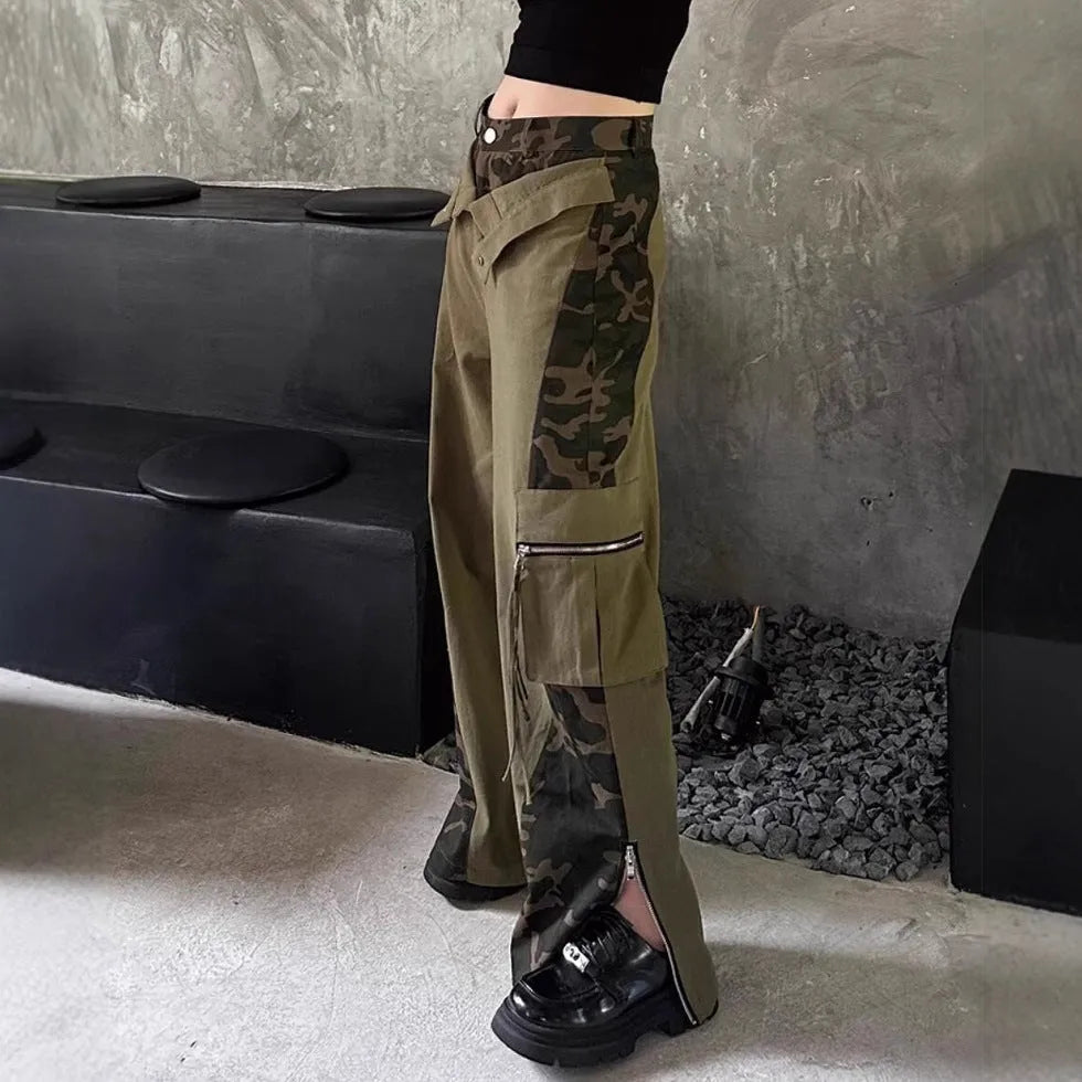 Dark khaki leopard print high-waist jeans with contrast stitching and straight leg.