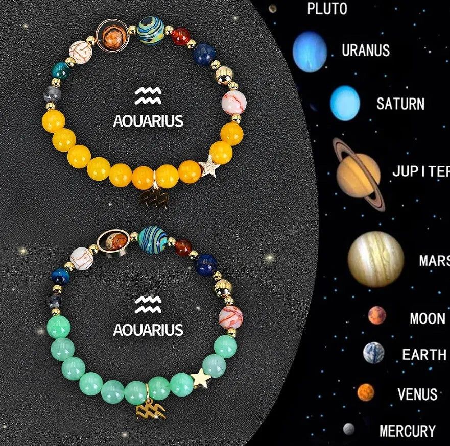 Set of twelve natural stone beaded bracelets laid out, each with a different zodiac sign charm.