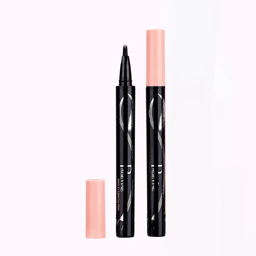 Four-fork waterproof sweatproof eyebrow pencil in black packaging with colour options Caramel Blonde, Mocha, Slate Brown, Black