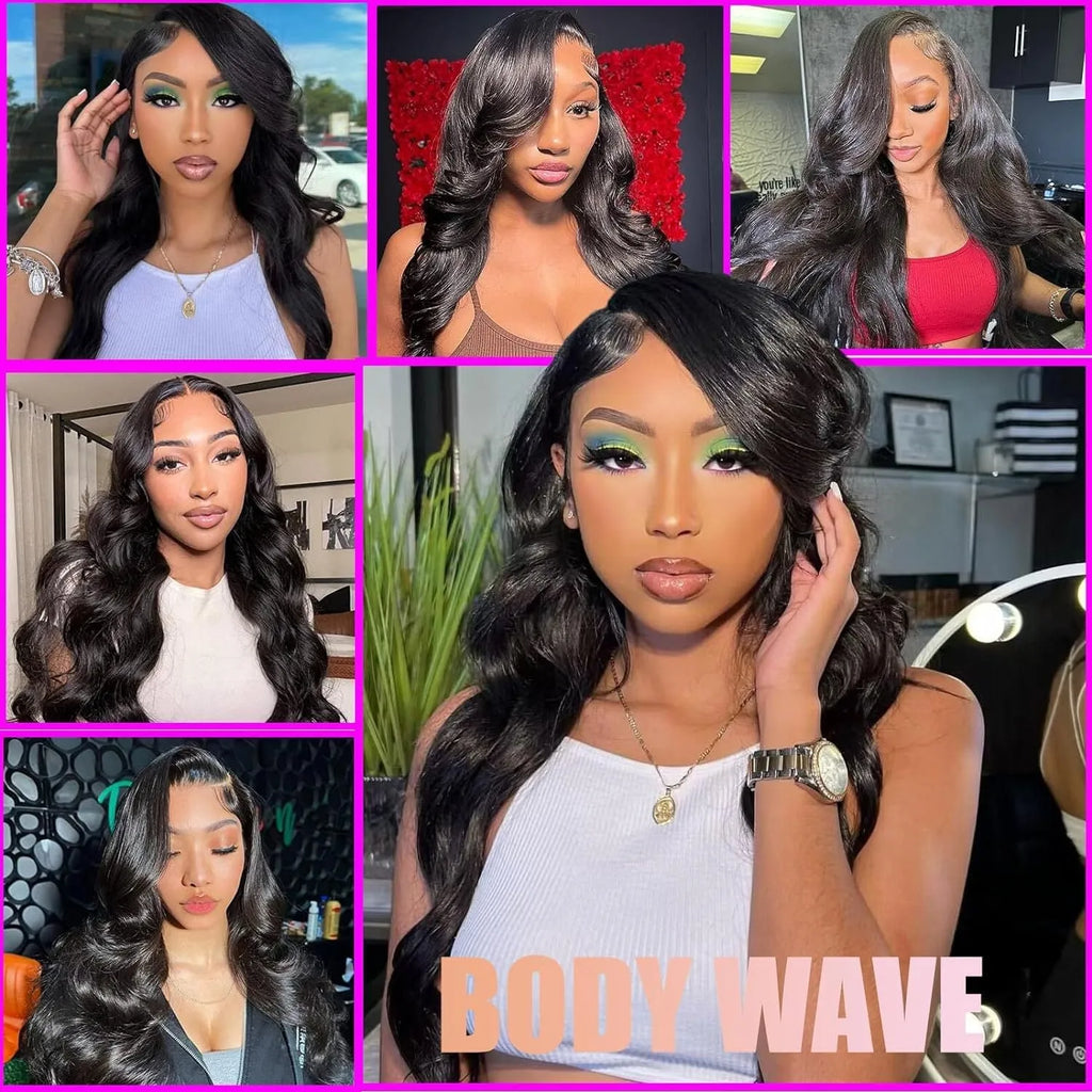 A woman modelling a black synthetic wig with medium-long curly waves and a natural hairline.