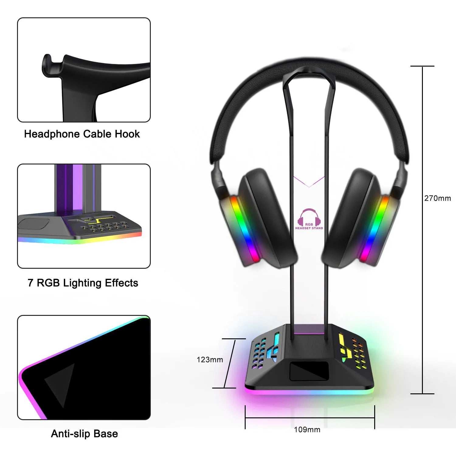 RGB headphone stand with glowing colour-changing lights and two USB ports, holding a gaming headset.