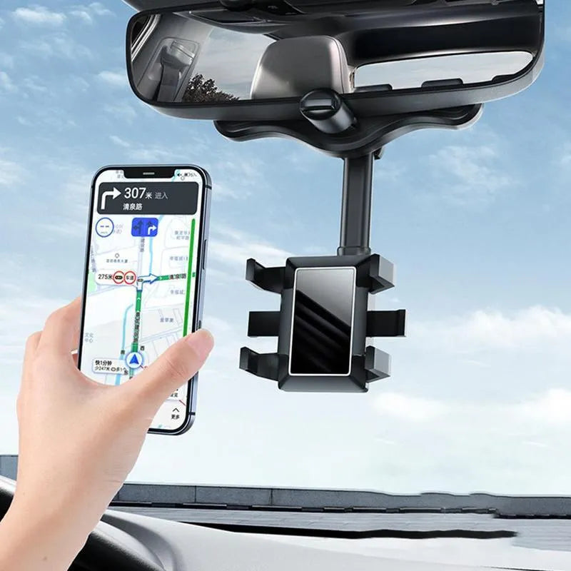 Black rearview mirror car phone holder with retractable arm and 360-degree rotating phone clip.