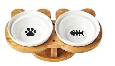 Ceramic cat bowl set on wood base with two bowls, 31.8cm, Grey Cat style