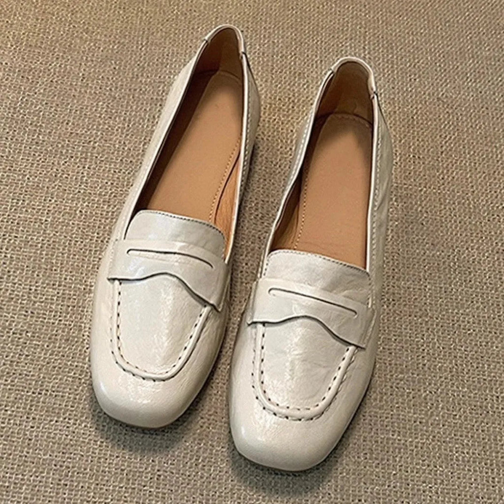 Women's flat square toe leather shoes in Beige White with low heel and cowhide lining on a plain background