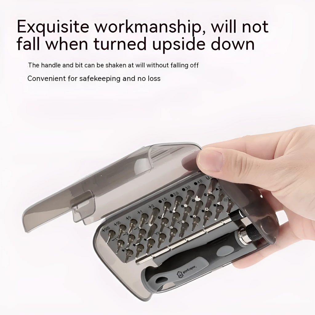 32-in-1 screwdriver set with 30 bits in a black plastic case, dimensions 130x75x37mm.