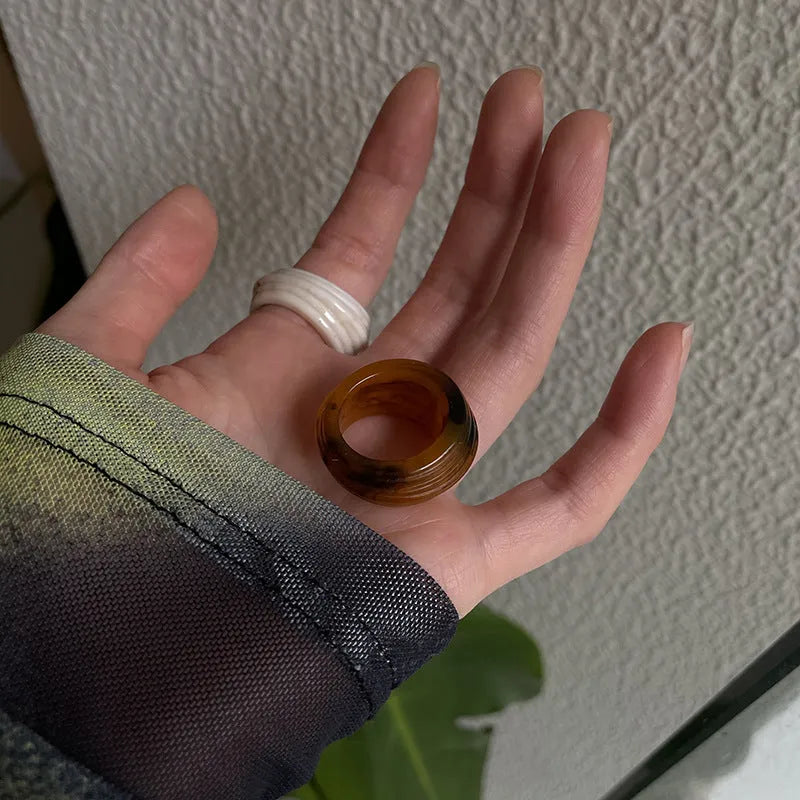 Irregular geometric wide resin ring in Maillard Brown colour, Chinese retro style.