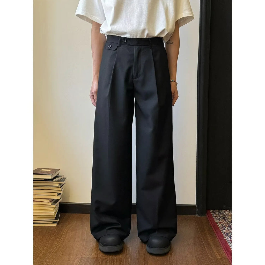 Men's straight-leg casual trousers with loose wide-leg cut and draping design in black or brown