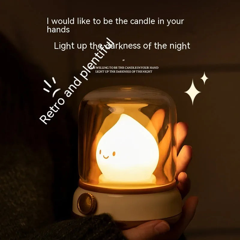 Retro small USB rechargeable night lamp with adjustable warm light on bedside table, compact 100x108x124mm size