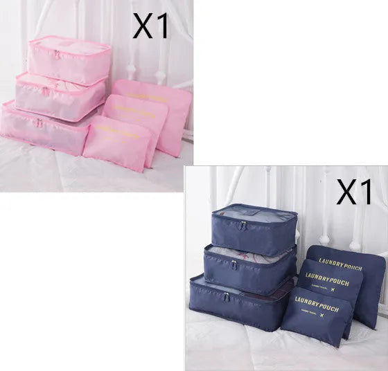 6 piece polyester travel storage bag set in hand bag type shape for clothes and cosmetic organisation, various colour options