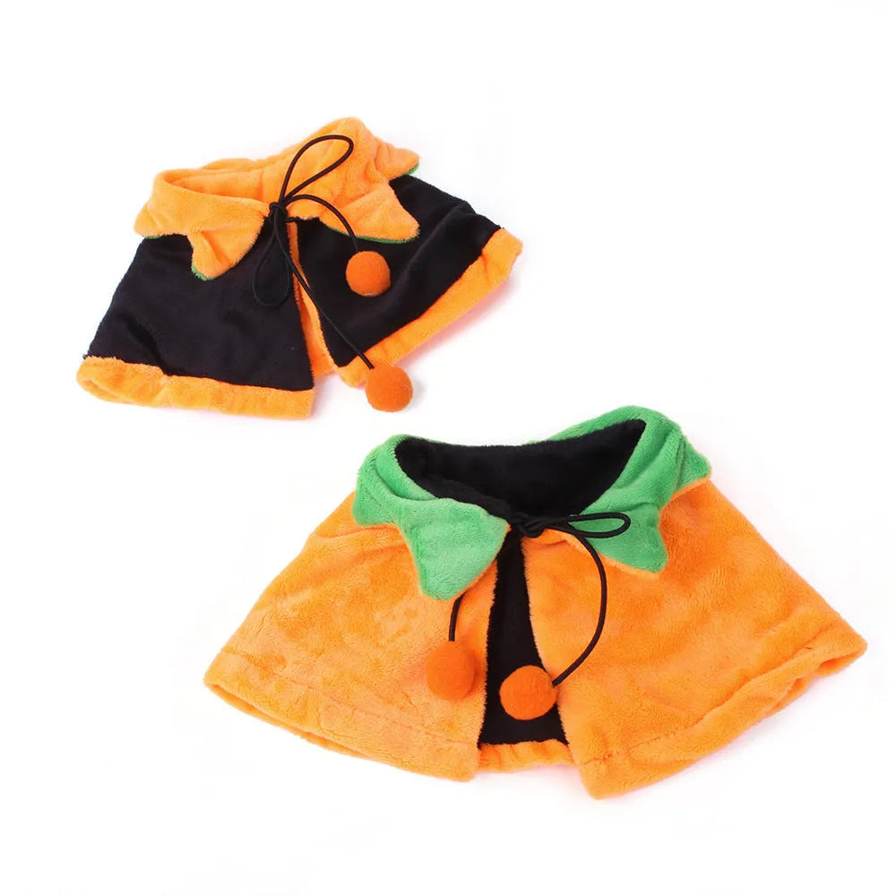 Orange plush pumpkin-themed cloak and hat costume on a dog for Halloween.