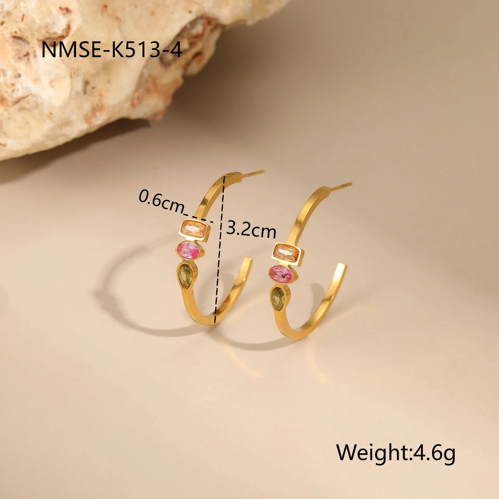 Geometric colour zircon necklace, ring, and earrings set with gold plating on a stainless steel chain
