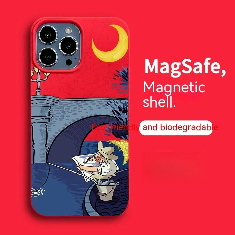 Retro graffiti magnetic phone case for iPhone 13 and 14 series with creative oil painting design and resin texture