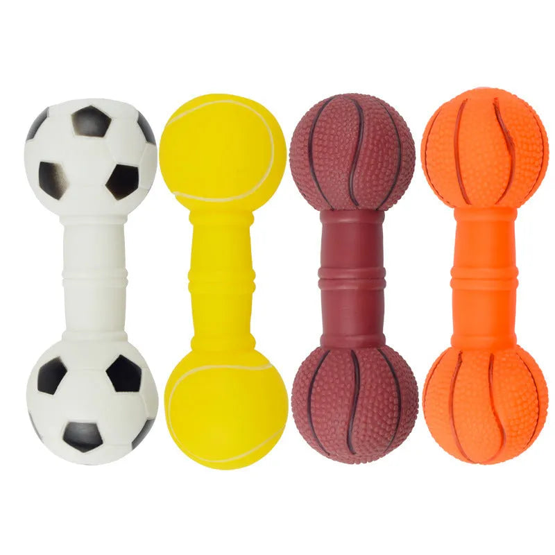 Brown, orange, white, and yellow PVC football dumbbell shaped squeaky dog chew toy