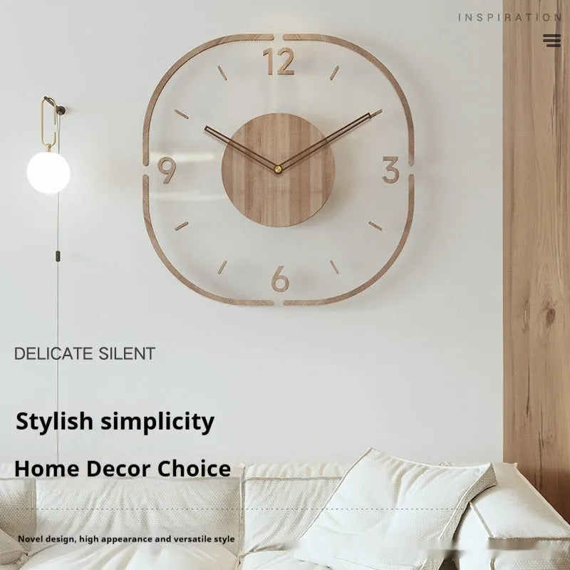 35cm square transparent wooden wall clock with modern design on wall