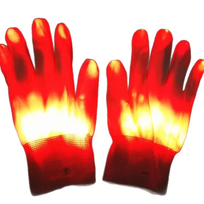 Light-up gloves for outdoor dance, LED lights on black background, shown in colourful light variant