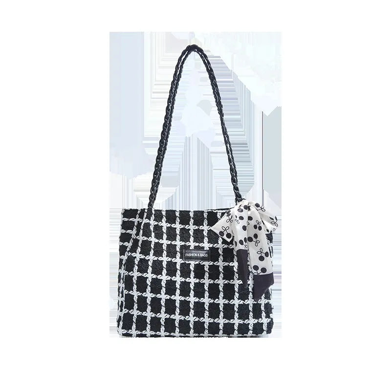 Black wool blend horizontal square shoulder bag with internal compartments for commuting and shopping