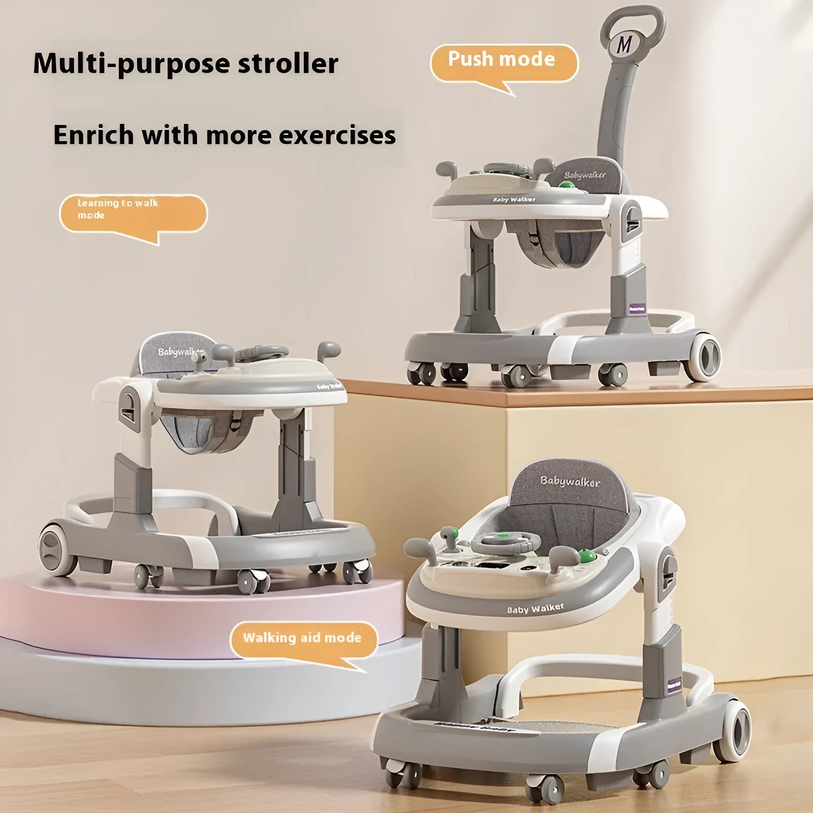 Baby walker lightweight folding anti-rollover with black plate music pattern and sunshade