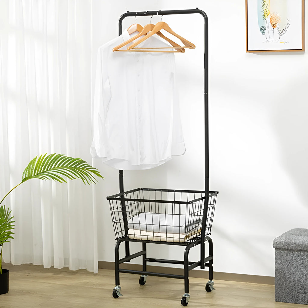 Single rod iron pulley storage car in white colour with clothes hanger