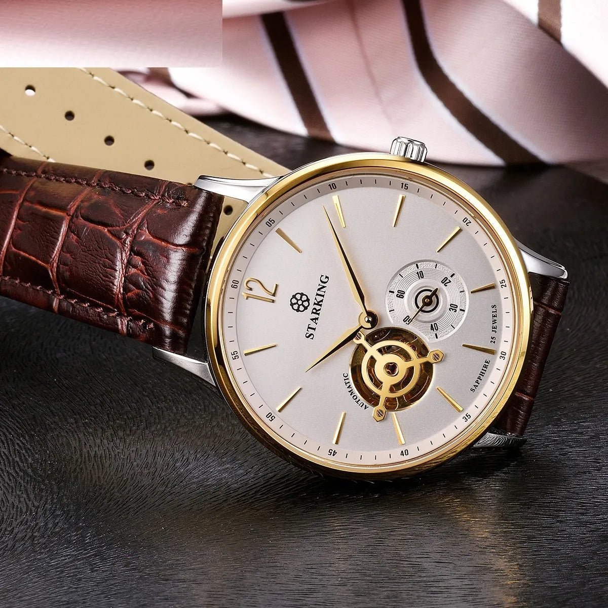 Automatic mechanical men's business watch with white dial, brown leather strap, and stainless steel case.